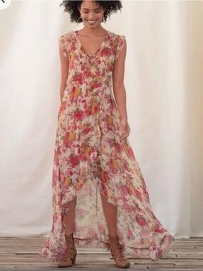 Sundance Floral Ruffle Maxi Dress XXL Pink Boho Sheer Layered Romantic Feminine